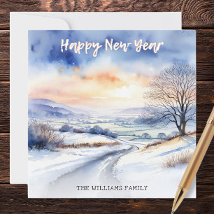Cartes Pour Fêtes Annuelles Paysage enneigé d'hiver à l'aquarelle Bonne année