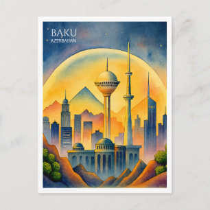 Cartes Pour Fêtes Annuelles Paysage urbain de Bakou Azerbaïdjan Aquarelle