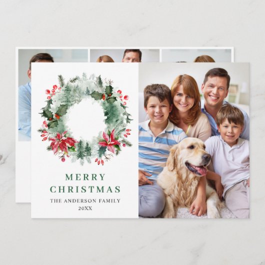 Cartes Pour Fêtes Annuelles Paysage Wreath Holly Berry Pine 4 PHOTO Salutation (Devant / Derrière)