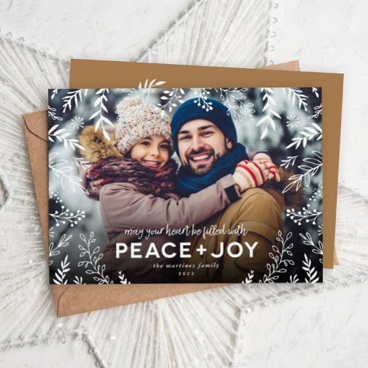 Cartes Pour Fêtes Annuelles Peace and Joy Botanical Overlay Photo