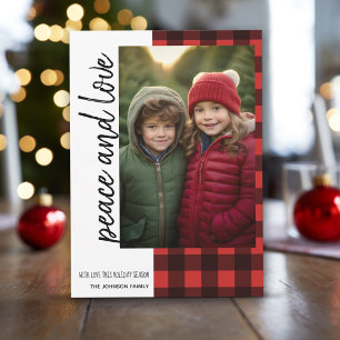 Cartes Pour Fêtes Annuelles Peace and Love 1 Photo Red Black Buffalo Plaid