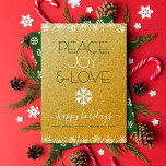 Cartes Pour Fêtes Annuelles Peace Jove Love Typographie Snowflake Gold Parties<br><div class="desc">"Paix, joie et amour." Une illustration ludique, ludique et blanche de flocon de neige et une typographie moderne sur un arrière - plan brillant et faux or parties scintillant vous aident à inaugurer la saison des fêtes. Des flocons de neige blancs et des points confettis encadrent la carte. Un motif...</div>