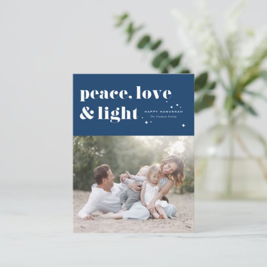 Cartes Pour Fêtes Annuelles Peace Love and Light Navy Blue Hanoukka Photo (Debout devant)