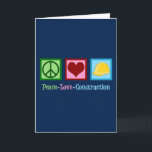 Cartes Pour Fêtes Annuelles Peace Love Construction<br><div class="desc">Peace Love Construction. Un cadeau d'entreprise de construction cool pour vos ouvriers avec un signe de paix,  un coeur,  et un casquette dur jaune. Un beau cadeau pour obtenir un contremaître à donner à son équipage ou à son ouvrier de construction.</div>