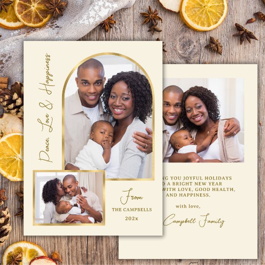 Cartes Pour Fêtes Annuelles Peace Love Hapiness Script Gold Arch 3 Photo