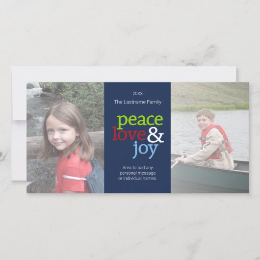 Cartes Pour Fêtes Annuelles Peace Love & Joy avec bleu rouge et vert (Devant)