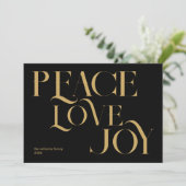 Cartes Pour Fêtes Annuelles Peace Love Joy Chic Black Gold Élégant Noël (Debout devant)