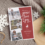 Cartes Pour Fêtes Annuelles Peace Love Joy Christmas Holiday Photo Collage<br><div class="desc">Fêtez la saison avec cette carte de vacances moderne et élégante de JMR Designs. La carte présente une typographie script joueuse "amour et joie de la paix" et trois photos collage de vos photos préférées. Le dos de la carte est rouge avec des étoiles blanches. D'autres options de conception sont...</div>