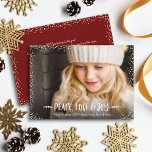 Cartes Pour Fêtes Annuelles Peace Love Joy Citation Typographie Chic Photo Per<br><div class="desc">"Paix, amour et joie." Un visuel ludique de typographie blanche, fantaisiste, manuscrite et de confettis au champagne d'or contre votre photo personnalisée, vous aide à inaugurer Noël et Nouvel An. Sentez la chaleur et la joie de la saison des Fêtes chaque fois que vous utilisez cette carte de voeux personnalisée...</div>