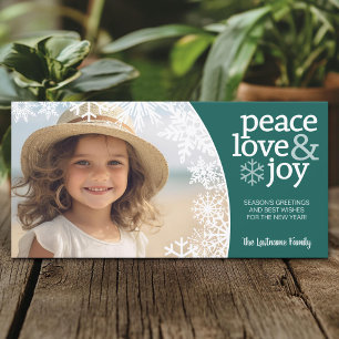 Cartes Pour Fêtes Annuelles Peace Love Joy - Flakes et 1 Photo - Turquoise
