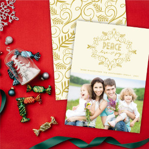 Cartes Pour Fêtes Annuelles Peace Love Joy Gold Vintage Deco Foliage Photo