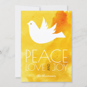 Cartes Pour Fêtes Annuelles Peace love joy jaune aquarelle & colombe Noël