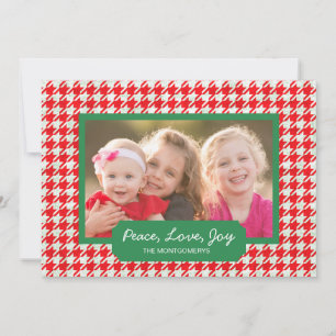 Cartes Pour Fêtes Annuelles Peace Love Joy Red Houndstooth Holiday Photo Card