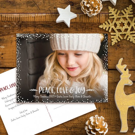 Cartes Pour Fêtes Annuelles Peace Love Joy Script Photo personnalisée Points C