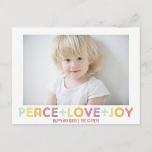 CARTES POUR FÊTES ANNUELLES PEACE LOVE JOY TYPOGRAPHIE VACANCES PHOTO