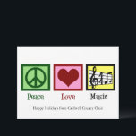Cartes Pour Fêtes Annuelles Peace Love Musique Custom Band ou Choir Noël<br><div class="desc">Belle carte de Noël musicienne avec un signe de paix,  un coeur,  une clé trible et un personnel musical. Cute Peace Love cartes de fin de année de musique pour un compositeur,  un directeur de groupe ou un chef de choeur.</div>