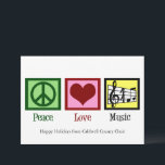 Cartes Pour Fêtes Annuelles Peace Love Musique Custom Band ou Choir Noël<br><div class="desc">Belle carte de Noël musicienne avec un signe de paix,  un coeur,  une clé trible et un personnel musical. Cute Peace Love cartes de fin de année de musique pour un compositeur,  un directeur de groupe ou un chef de choeur.</div>