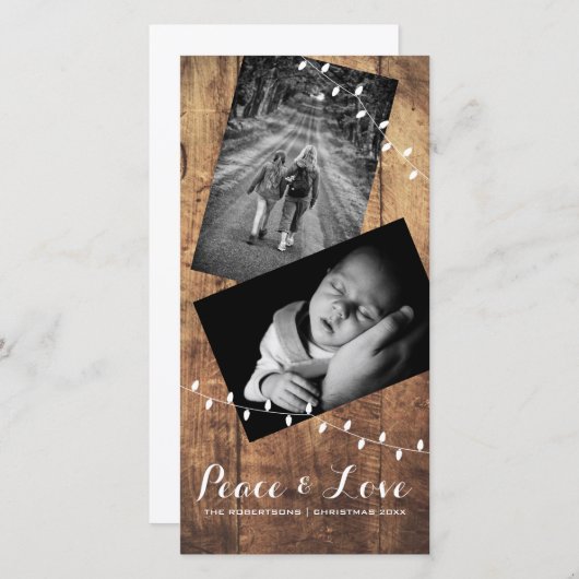 Cartes Pour Fêtes Annuelles Peace & Love Photo de Noël Lumières en bois (Devant / Derrière)