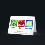 Cartes Pour Fêtes Annuelles Peace Love Pickleball Noël mignon<br><div class="desc">Peace Love Pickleball carte de vacances pour un joueur de pickle ball avec un joli signe de paix,  coeur,  et une balle jaune pour le sport. Personnalisez avec votre propre message Happy Holidays pour les jolies cartes de Noël des clubs sportifs.</div>