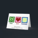 Cartes Pour Fêtes Annuelles Peace Love Pickleball Noël mignon<br><div class="desc">Peace Love Pickleball carte de vacances pour un joueur de pickle ball avec un joli signe de paix,  coeur,  et une balle jaune pour le sport. Personnalisez avec votre propre message Happy Holidays pour les jolies cartes de Noël des clubs sportifs.</div>