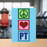 Cartes Pour Fêtes Annuelles Peace Love PT Thérapie physique<br><div class="desc">Un joli cadeau de kinésithérapeute de Noël avec un joli signe de paix vert,  coeur rouge,  et le PT en bleu pour la thérapie physique. Achetez ce cadeau pour votre kiné préféré.</div>
