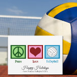 Cartes Pour Fêtes Annuelles Peace Love Volleyball Personnalisable<br><div class="desc">Un signe de paix,  un cœur et un beau ballon de volley sur une carte de vacances mignonne. J'adore le volley,  la plage,  en salle,  appelez ça comme vous voulez ! Jolies cartes de Noël d'équipe de volley pour de joyeuses fêtes avec vos coéquipiers ou votre entraîneur.</div>