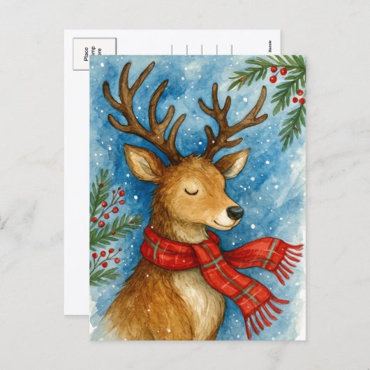 Cartes Pour Fêtes Annuelles Peaceful Reindeer Red Scarf Christmas Postcard (Devant / Derrière)