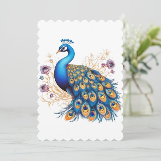 Cartes Pour Fêtes Annuelles Peacock Avec Fleurs Violettes (Debout devant)