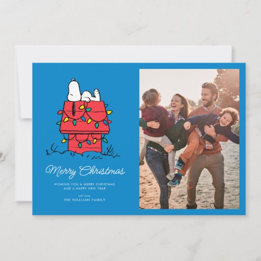 Cartes Pour Fêtes Annuelles Peanuts | niche de Snoopy avec lumières (Devant)