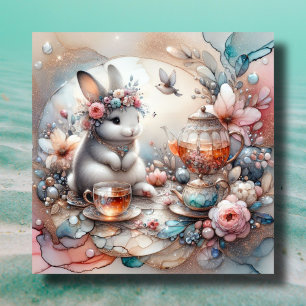 Cartes Pour Fêtes Annuelles Pêche Turquoise Aquarelle Bunny Tea Party Pâques