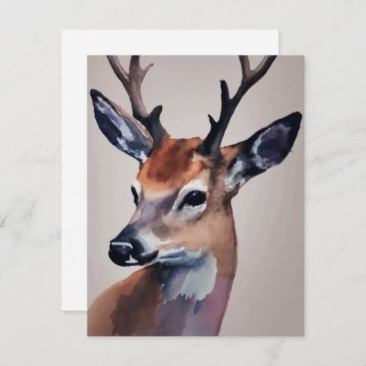 Cartes Pour Fêtes Annuelles Peinture d'aquarelle Wild Deer Portrait, Cerf (Devant / Derrière)