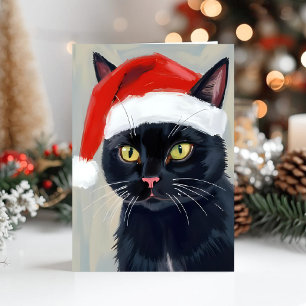 Cartes Pour Fêtes Annuelles Peinture de Noël de chat noir avec chapeau de Père