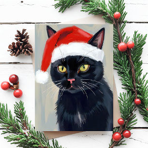 Cartes Pour Fêtes Annuelles Peinture de Noël de chat noir avec chapeau de Père