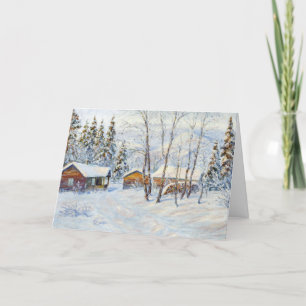 Cartes Pour Fêtes Annuelles Peinture de Noël de la ferme de montagne d'hiver