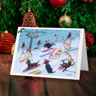 Cartes Pour Fêtes Annuelles Peinture de ski de Labradors de Noël d'amusement