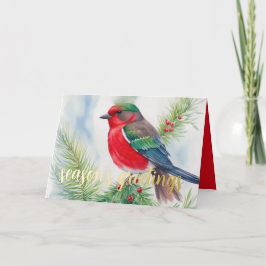 Cartes Pour Fêtes Annuelles Peinture d'oiseau d'hiver rouge vert (Devant)