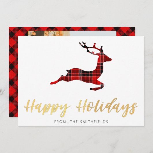 Cartes Pour Fêtes Annuelles Peinture dorée Buffalo Plaid Cerf Noël (Devant / Derrière)