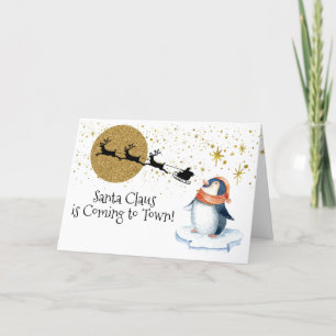 Cartes Pour Fêtes Annuelles Peinture moderne de Penguin Père Noël Sleigh Gold