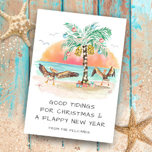 Cartes Pour Fêtes Annuelles Pélicans et palmiers Noël tropical plage côtière