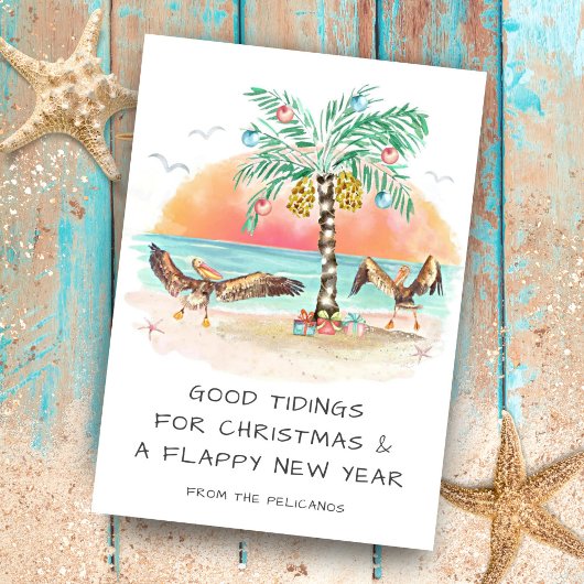 Cartes Pour Fêtes Annuelles Pélicans & Palm Plage tropicale Noël côtier