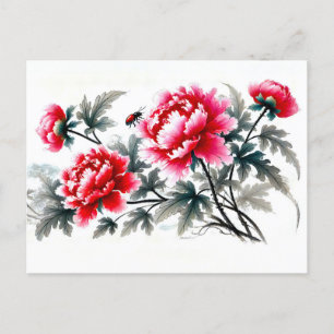 Cartes Pour Fêtes Annuelles Peonies en peinture d'encre d'Asie Rouge