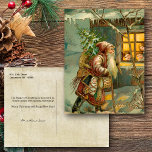 Cartes Pour Fêtes Annuelles Père du Vieux Monde Noël en Neige avec cadeaux<br><div class="desc">Carte de Noël victorienne de charme illustrant l'ancien monde Père Noël marchant à travers la neige apportant des jouets et un arbre aux enfants dans un cottage confortable.</div>