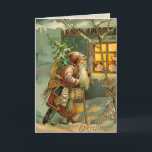 Cartes Pour Fêtes Annuelles Père du Vieux Monde Noël en Neige avec cadeaux<br><div class="desc">Carte de Noël victorienne de charme illustrant l'ancien monde Père Noël marchant à travers la neige apportant des jouets et un arbre aux enfants dans un cottage confortable.</div>