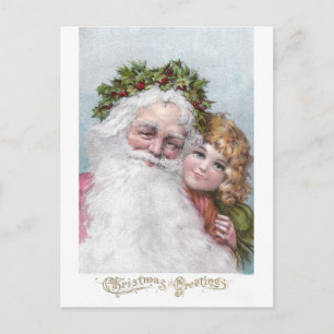 Cartes Pour Fêtes Annuelles Père Noël 1907 avec la couronne et la fille de