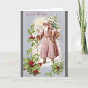 Cartes Pour Fêtes Annuelles Père Noël 1916 en manteau rose avec arbre