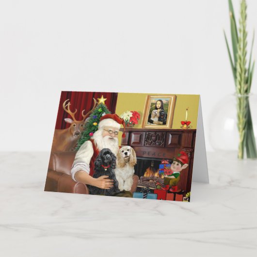Cartes Pour Fêtes Annuelles Père Noël 2 Espagnols de Cocker (Devant)