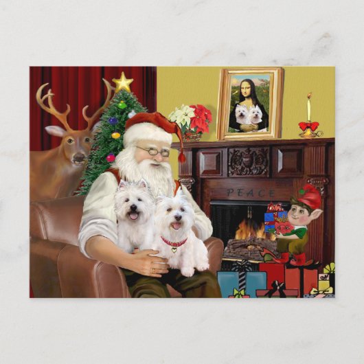 Cartes Pour Fêtes Annuelles Père Noël 2 Westies (Devant)