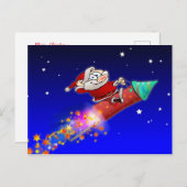Cartes Pour Fêtes Annuelles Père Noël à cheval sur une fusée de feu d'artifice (Devant / Derrière)