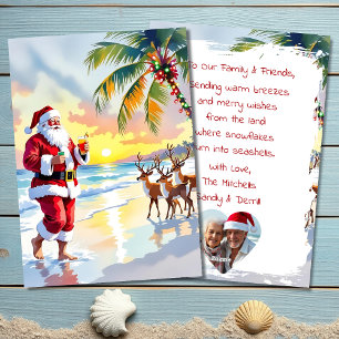 Cartes Pour Fêtes Annuelles Père Noël à l'aquarelle & Renne sur la plage de No