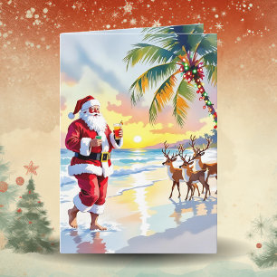 Cartes Pour Fêtes Annuelles Père Noël à l'aquarelle & Renne sur la plage de No